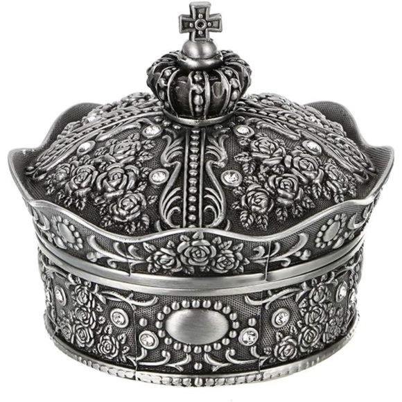 Vintage Jewelry Box, Antique Crown Design Trinket Treasure Chest Storage (Small) - Picture 1 of 7